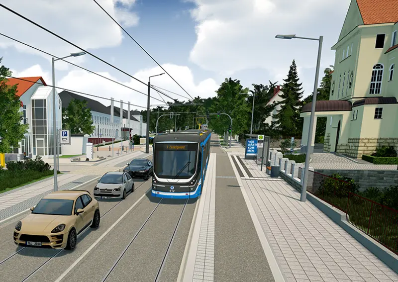 Das Bidl zeigt eine Skoda_Straßenbahn an der Haltestelle Zeisigwaldklinikum/ Betahnien. In der Zielanzeige der Straßenbahn steht "3 - Zeisigwald". Die Straßenbahn fährt straßenbündig, auf der entgegenkommenden Fahrbahn fahren Autos. 