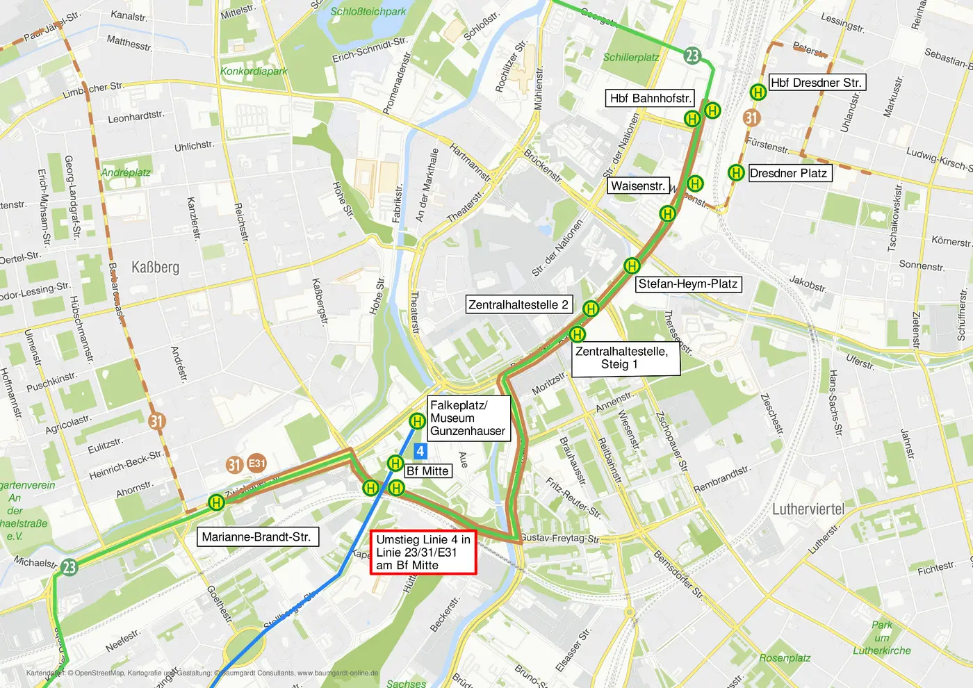 Die Karte zeigt die eingekürzte Straßenbahnlinie 4, die im Bauzeitraum nur bis zur Haltestelle Falkeplatz Museum Gunzenhauser verkehrt. Weiterhin ist der Umleitungsverlauf der Linien 23, 31 und der Verlauf der Linie E31 eingezeichnet. Diese verkehren über die Haltestellen Marianne-Brandt-Str., Bh Mitte, Zentralhaltestelle. Die Haltestelle Reichsstraße entfällt. 