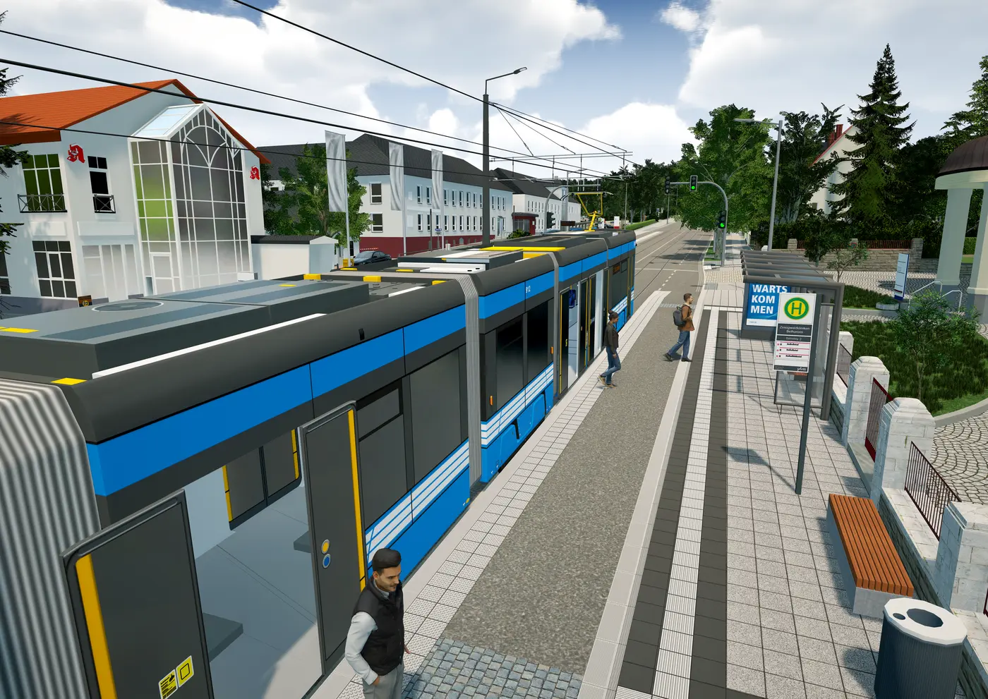 Das Bild zeigt eine Skodabahn aus der Vogelperspektive an der Haltestelle Zeisigwaldkliniken Bethanien. Aus der Bahn steigen drei Fahrgäste aus. Im Hintergrund sieht man Klinikgebäude.