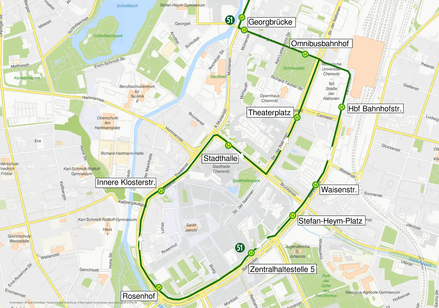 Die Karte zeigt die Umleitungsrouten der Linie 51 während der Vollsperrung der Mühlenstraße in Höhe des Stadtbades.