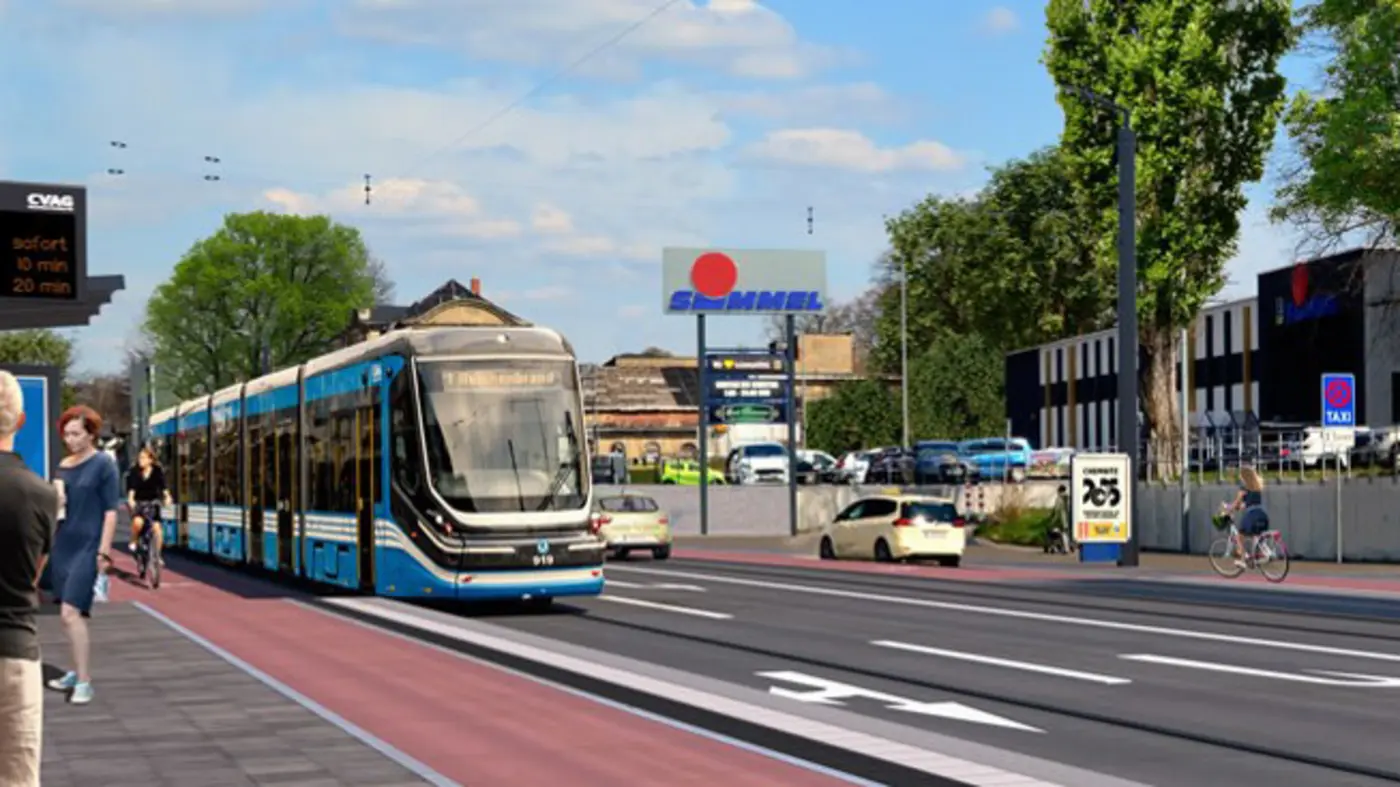 The image shows a visualisation of a Skoda tram on Zwickauer Straße near Siegmar station.