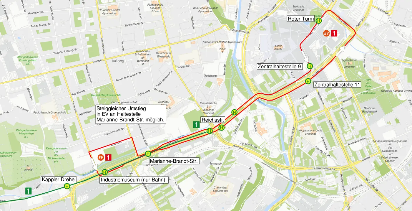 Die Karte zeigt den Linienverlauf der Straßenbahnlinie 1 sowie des Ersatzverkehrs Linie 1 während der Baumaßnahme Falkeplatz zum CM4