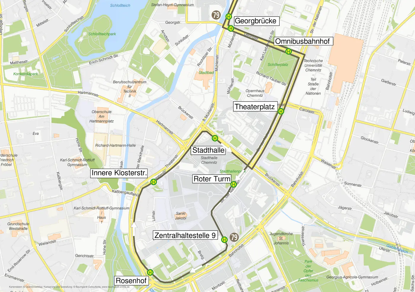 Die Karte zeigt die Umleitungsrouten der Linie 79 während der Vollsperrung der Mühlenstraße in Höhe des Stadtbades.