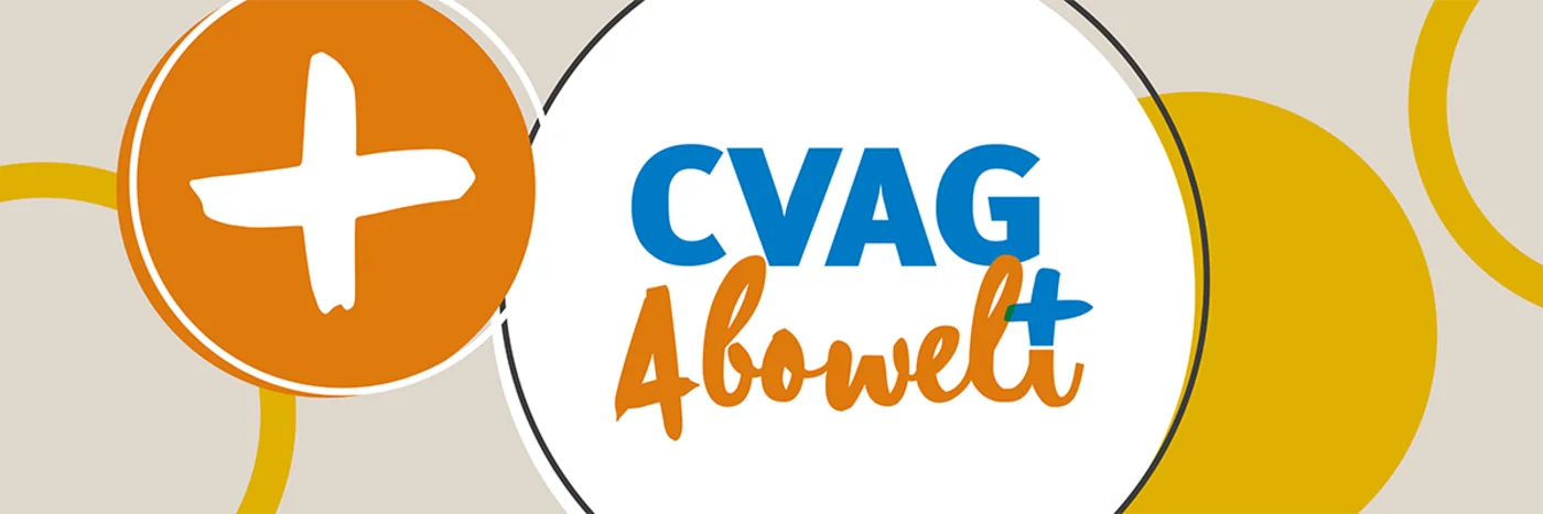 Die Grafik zeigt gelbe und orangene Kreise im Hintergrund. Im Vordergrund ist ein weißer Kreis in dem "CVAG Abowelt" steht.
