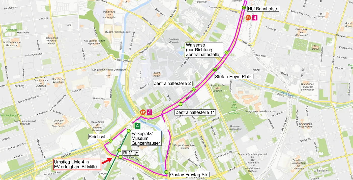Die Karte zeigt den Linienverlauf der Straßenbahnlinie 4 sowie des Ersatzverkehrs 4 während der Baumaßnahme Falkeplatz CM4.